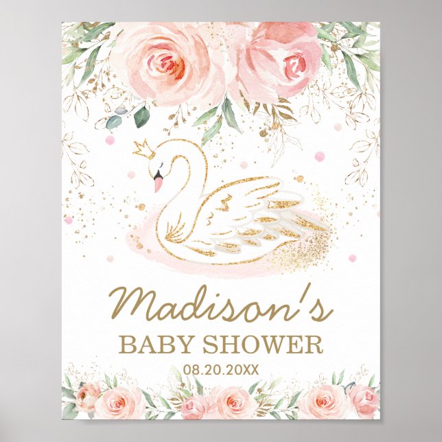 Pink Floral Swan Baby Shower 1st Birthday Welcome  Poster (Front)