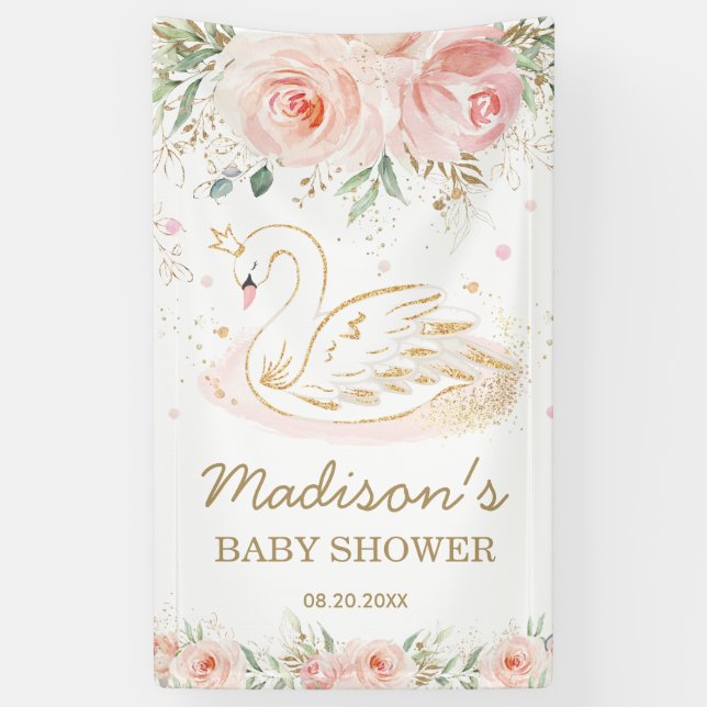 Pink Floral Swan Baby Shower Birthday Backdrop  Ba Banner (Vertical)