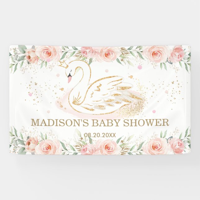Pink Floral Swan Baby Shower Birthday Backdrop  Banner (Horizontal)