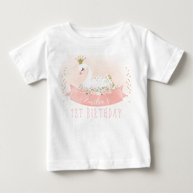 Pink Floral Swan Princess 1st Birthday T-Shirt (Front)