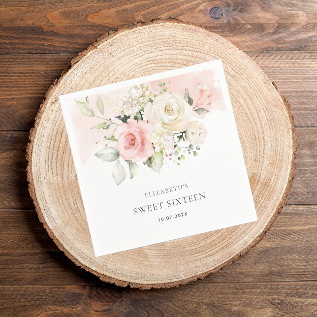 Pink Floral Sweet 16 Birthday Party Paper Napkin (Pink Floral Sweet 16th Birthday Typography Paper Napkin)