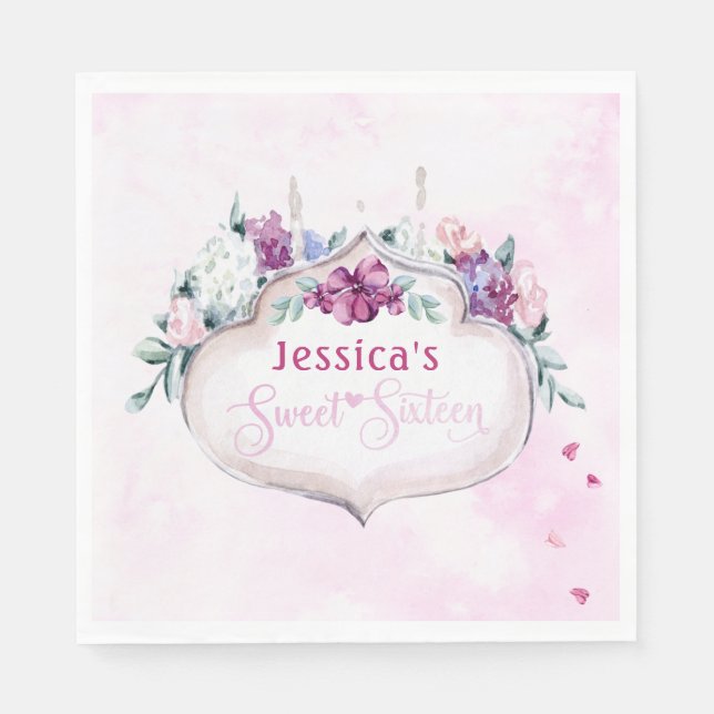 Pink Floral | Sweet 16 Napkin (Front)