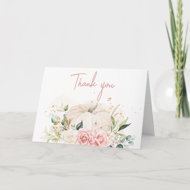 Pink Floral Sweet Little Pumpkin Baby Shower Thank You Card (Front)