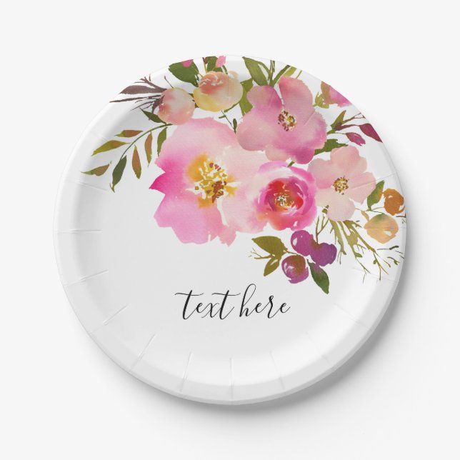 pink floral, sweet, Romantic Watercolor Flower, Paper Plate (Front)