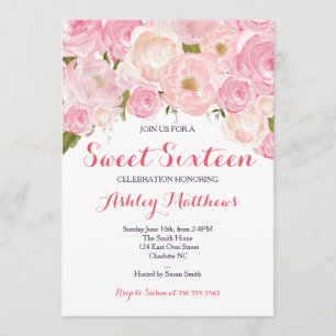 Pink Floral Sweet Sixteen Birthday Invitation