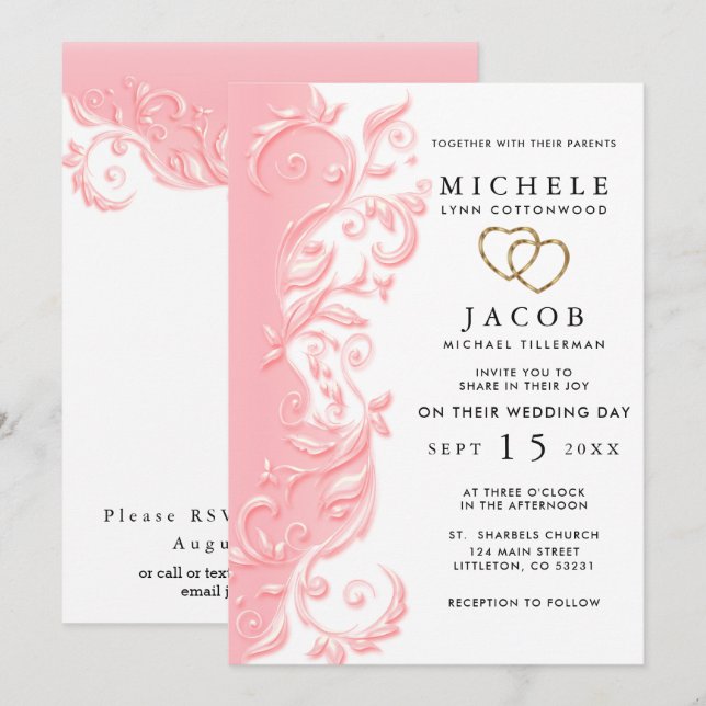 Pink Floral Swirl Wedding and RSVP Invitation (Front/Back)