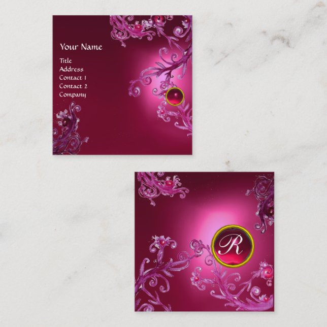 PINK FLORAL SWIRLS RED RUBY GEMSTONE MONOGRAM SQUARE BUSINESS CARD (Front/Back)
