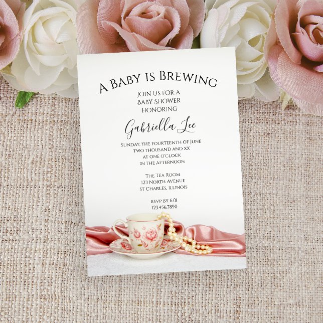Pink Floral Tea Cup Baby Brewing Shower Invitation (Creator Uploaded)