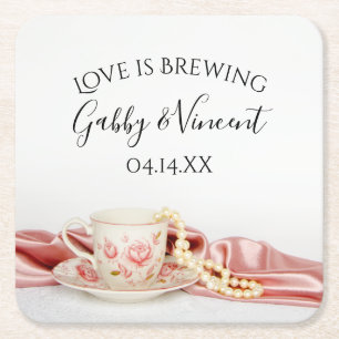 Pink Floral Tea Cup Pearls Wedding Love is Brewing Square Paper Coaster