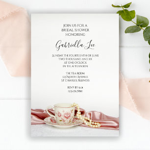 Pink Floral Tea Cup with Pearls Bridal Shower Invitation