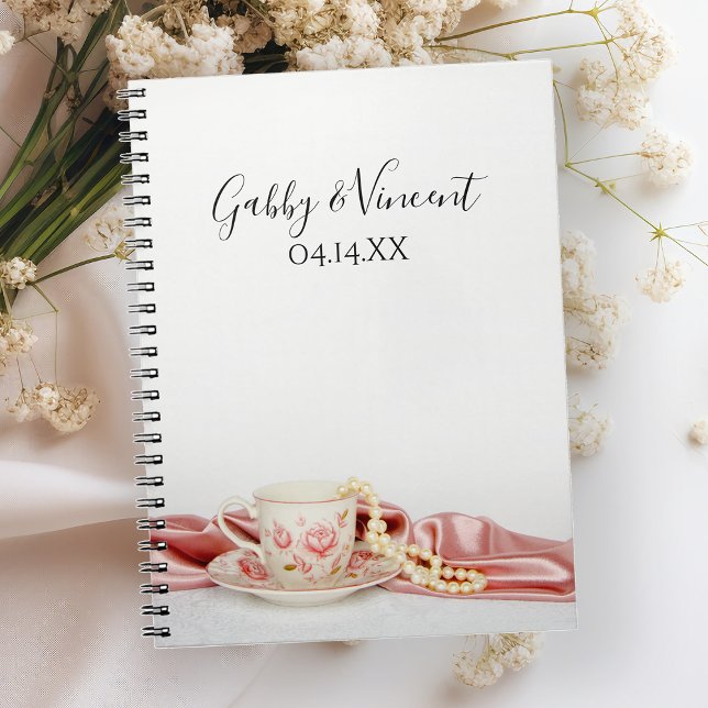Pink Floral Tea Cup with Pearls Wedding Guest Book (Creator Uploaded)