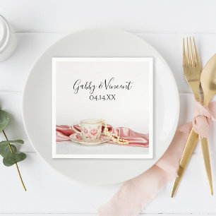 Pink Floral Tea Cup with Pearls Wedding Napkin