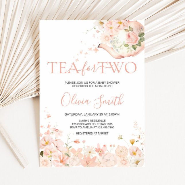Pink Floral Tea for Two Baby Shower Invitation (Floral Tea for Two Twin Baby Shower Invitation)