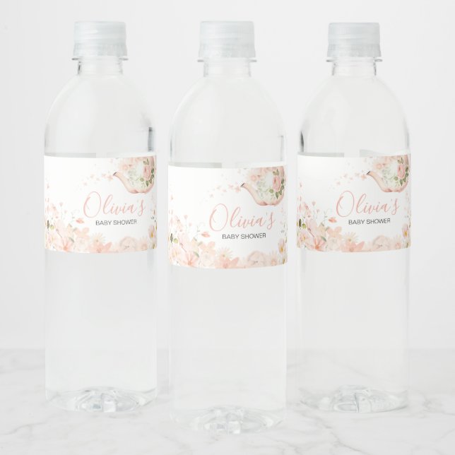 Pink Floral Tea for Two Baby Shower Water Bottle Label (Bottles)