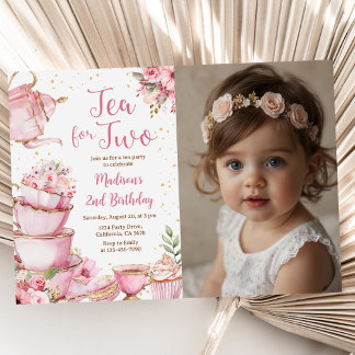 Pink Floral Tea Party 2nd Birthday Photo Invitation