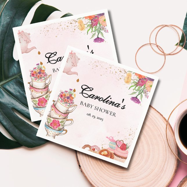 Pink Floral tea party Baby is Brewing baby shower Napkin (Creator Uploaded)