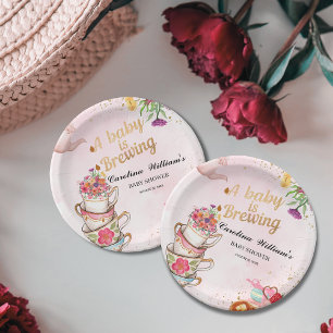 Pink Floral tea party Baby is Brewing baby shower Paper Plate