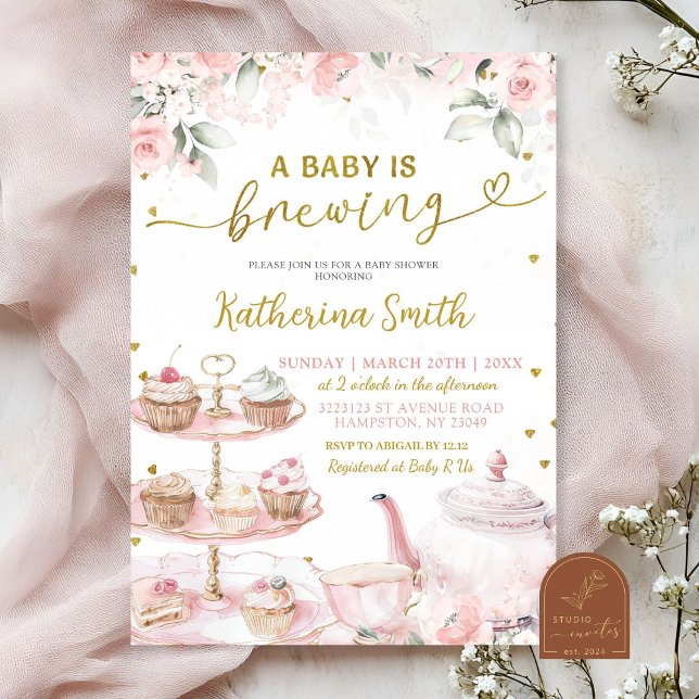 Pink Floral Tea Party Baby is Brewing Invitation (Creator Uploaded)
