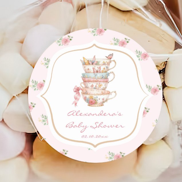 Pink Floral Tea Party Baby Shower Classic Round Sticker (Creator Uploaded)