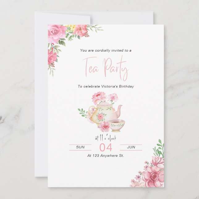 Pink Floral Tea Party Birthday Invitation (Front)