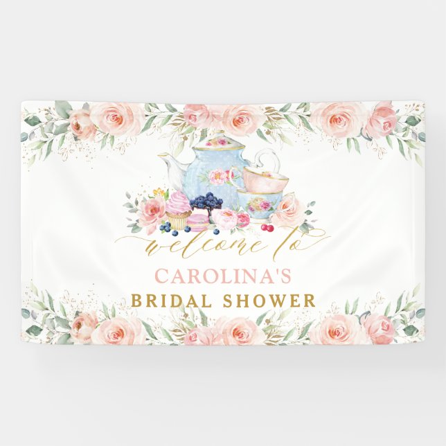 Pink Floral Tea Party Bridal Baby Birthday Welcome Banner (Horizontal)