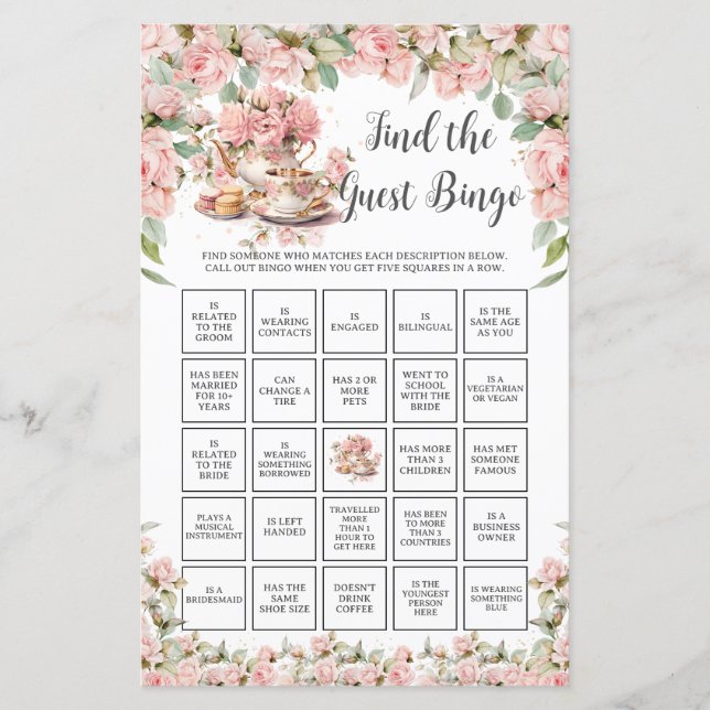 Pink Floral Tea Party Bridal Find the Guest Bingo (Front)