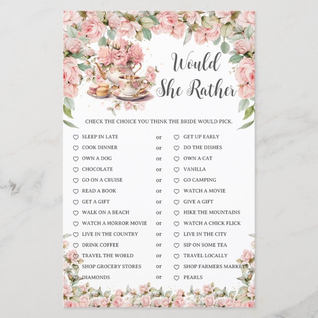 Pink Floral Tea Party Bridal Would She Rather Game (Front)