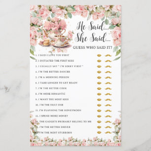 Pink Floral Tea Party He Said She Said Bridal Game