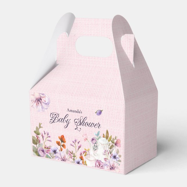 Pink Floral Tea Party Theme Baby Shower Favour Box (Front Side)