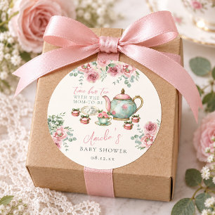 Pink Floral Tea with the Mum-to-be Baby Shower Classic Round Sticker