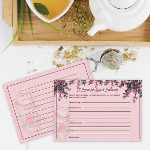 Pink Floral Teacups Bridal Shower Recipe Card