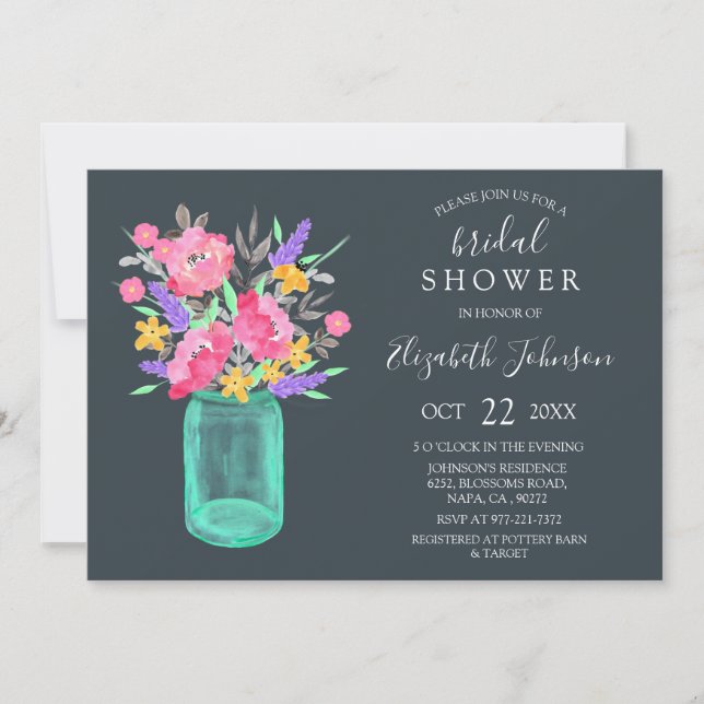 Pink Floral Teal Mason Jar Rustic Bridal Shower Invitation (Front)