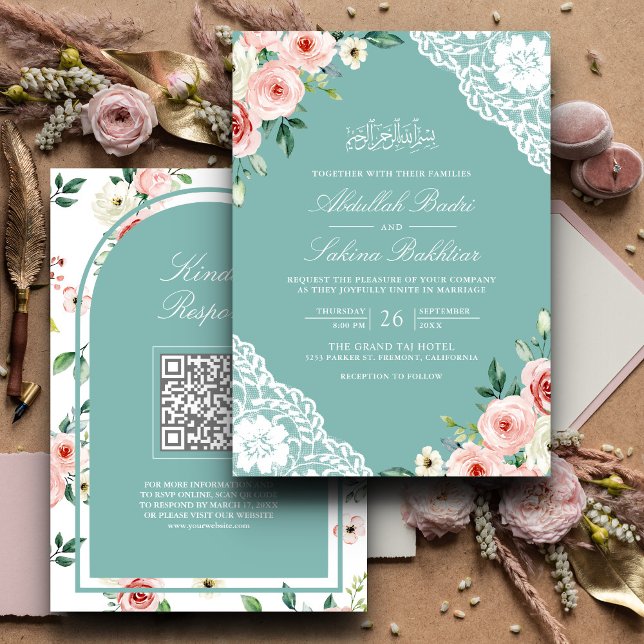 Pink Floral Teal Mint Lace QR Code Muslim Wedding Invitation (Creator Uploaded)