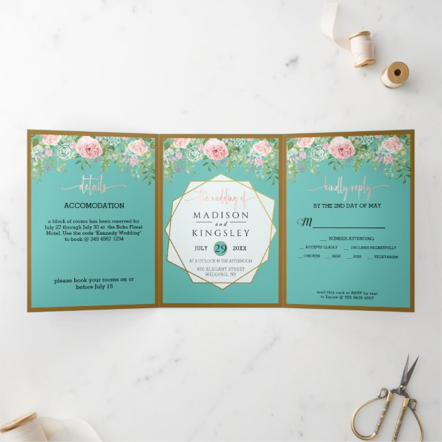 Pink Floral Teal Wedding Fab ELEGANT Tri-Fold Invitation (Inside)
