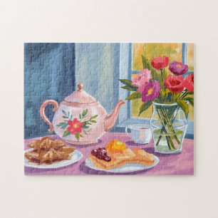 Pink Floral Teapot & Desserts Jigsaw Puzzle