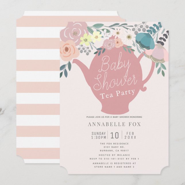 Pink Floral Teapot Tea Party Baby Shower Invitation (Front/Back)
