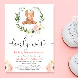 Pink floral teddy bear greenery girl baby shower invitation
