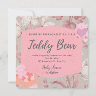 Pink floral teddy bear greenery girl baby shower invitation
