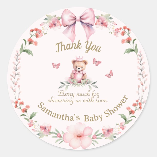 Pink Floral Teddy Bear Thank You Sticker (Front)