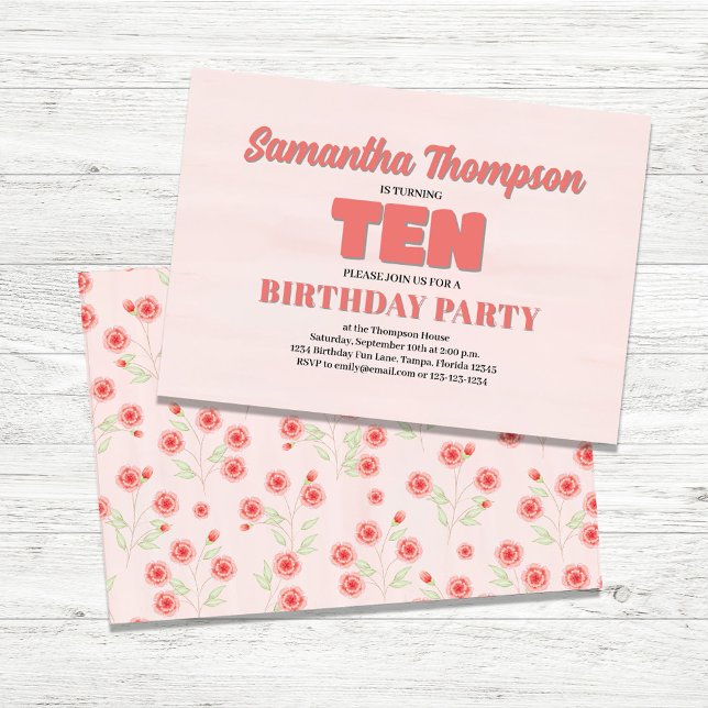 Pink Floral Tenth Birthday Girl Party Template (Tenth Birthday Girl Invitations)