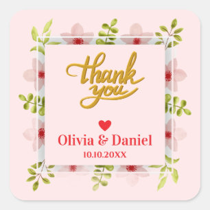 Pink Floral Thank You, Elegant Calligraphy Wedding Square Sticker