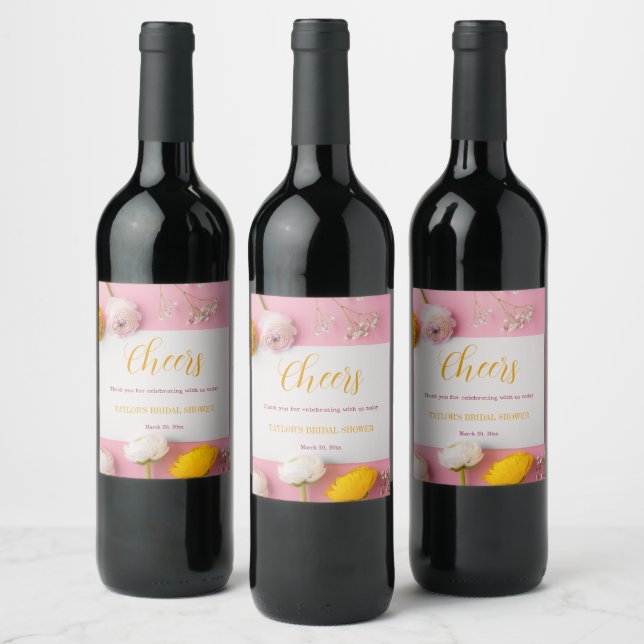 Pink Floral Theme Bridal Shower Wine Label (Bottles)