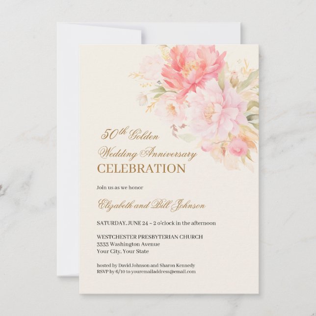 Pink Floral Theme Gold 50th Wedding Anniversary Invitation (Front)
