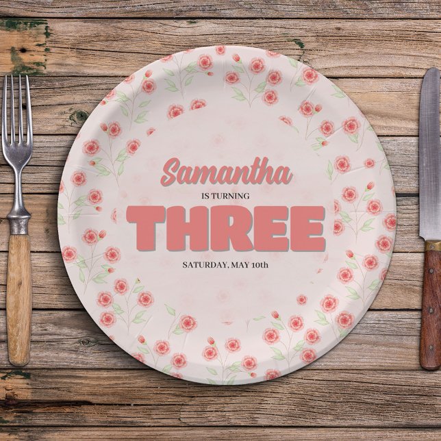 Pink Floral Third Birthday Girl Party Custom Paper Plate (Girls Birthday party Custom Party Paper plates.)