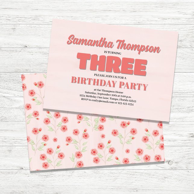 Pink Floral Third Birthday Girl Party Template (Third Birthday Party Girls Custom Invitations.)