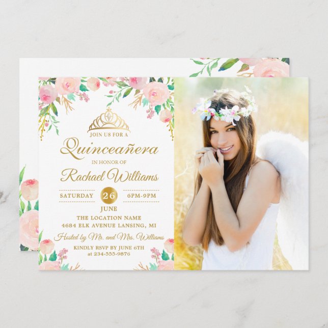 Pink Floral Tiara Quinceañera 15th Birthday Photo Invitation (Front/Back)