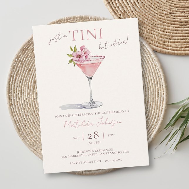 Pink Floral Tini Bit Older 21st Birthday Invitation (Pink Floral Tini Bit Older 21st Birthday Invitation)