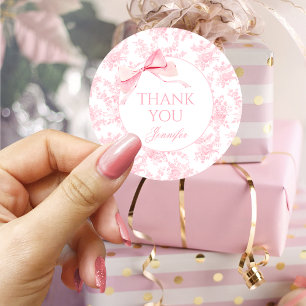 Pink Floral Toile Bow Ribbon Baby Girl Shower Classic Round Sticker