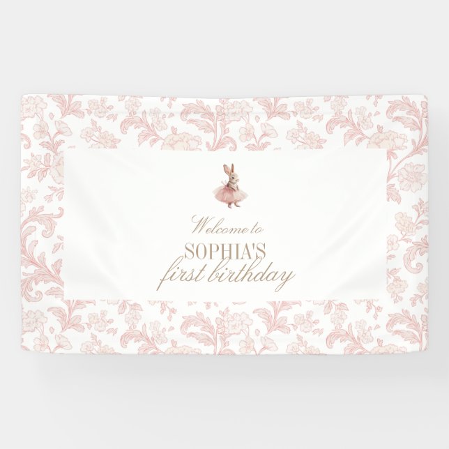 Pink Floral toile Some Bunny Birthday  Banner (Horizontal)