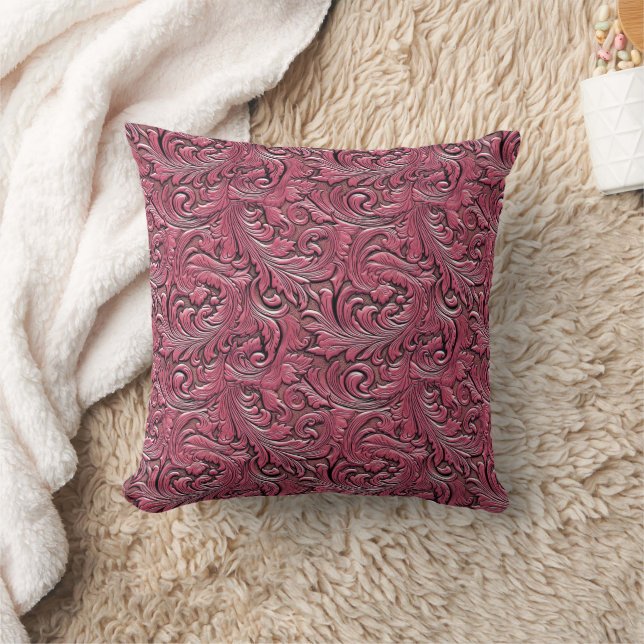 Pink floral tooled embossed leather western cushion (Blanket)